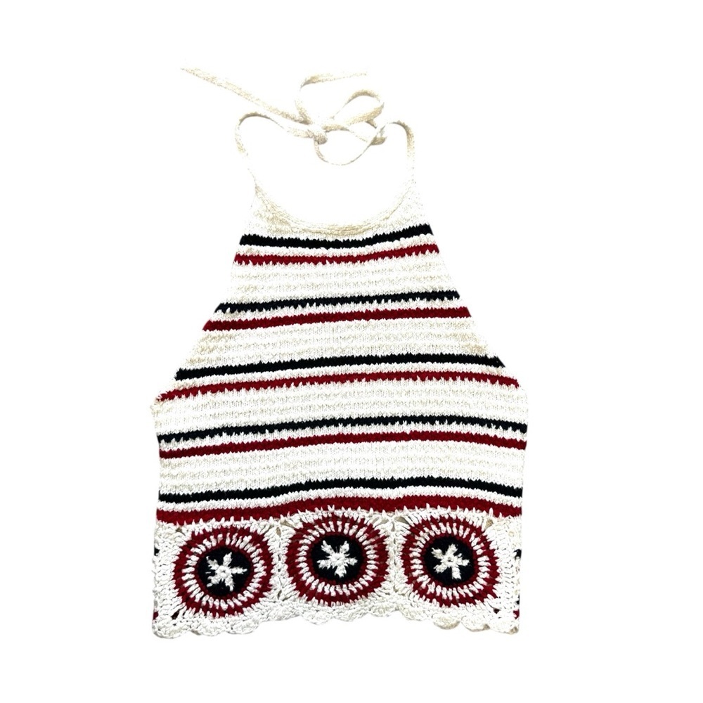 Hollister Red White Blue Crochet Striped Halter Top Cropped Adjustable Neck Tie